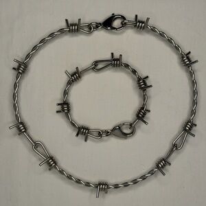 Barbed Wire Style Necklace and Bracelet Set - Silver Tone Punk Gothic Jewelry